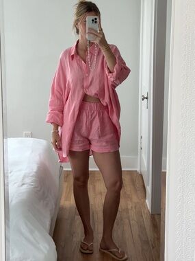 Women's Pink Linen Shirt & Shorts Set